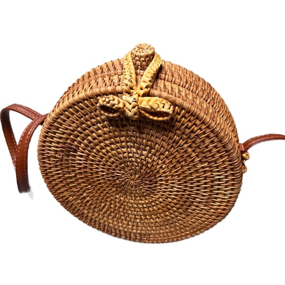 Womens Round Woven Straw Rattan Crossbody Bag Tan Leather Strap Floral Lined - Picture 4 of 16